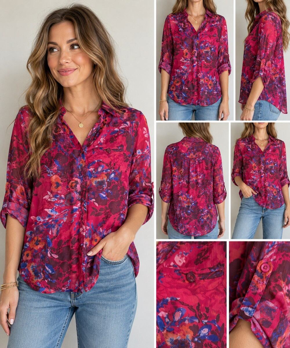 KUT from the Kloth Women’s Small red Floral Sheer Button Down Blouse